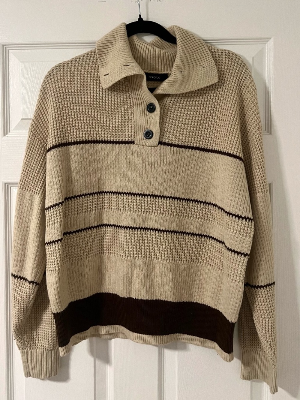 DOKOTOO Cream & Brown Knit Collared Sweater | Cozy Neutral Striped Pullover (M)